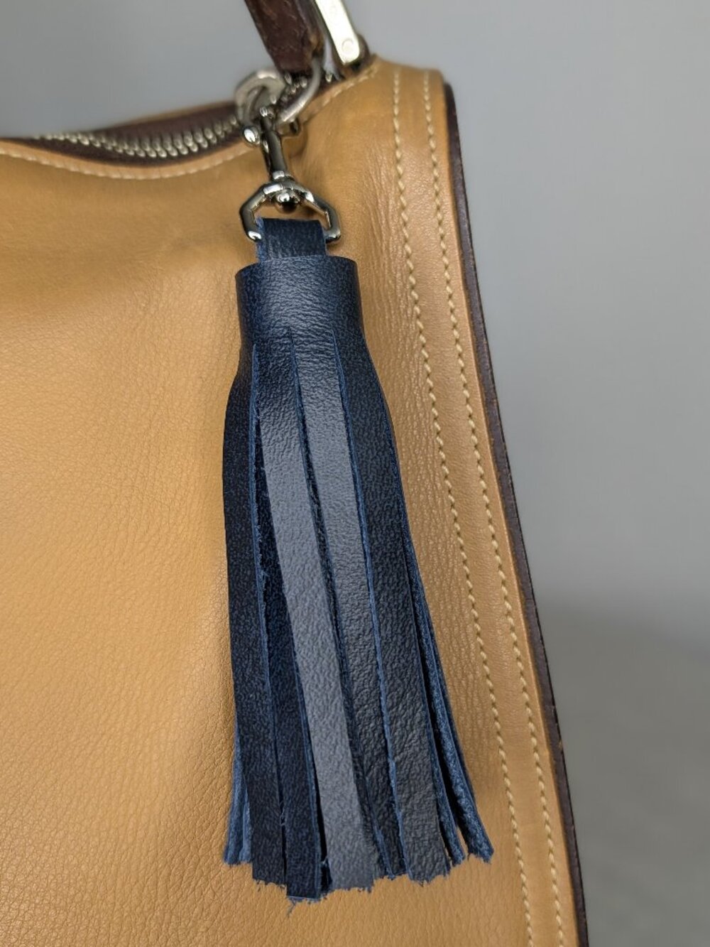Handcrafted Navy Blue Leather Tassel Bag Charm Keychain